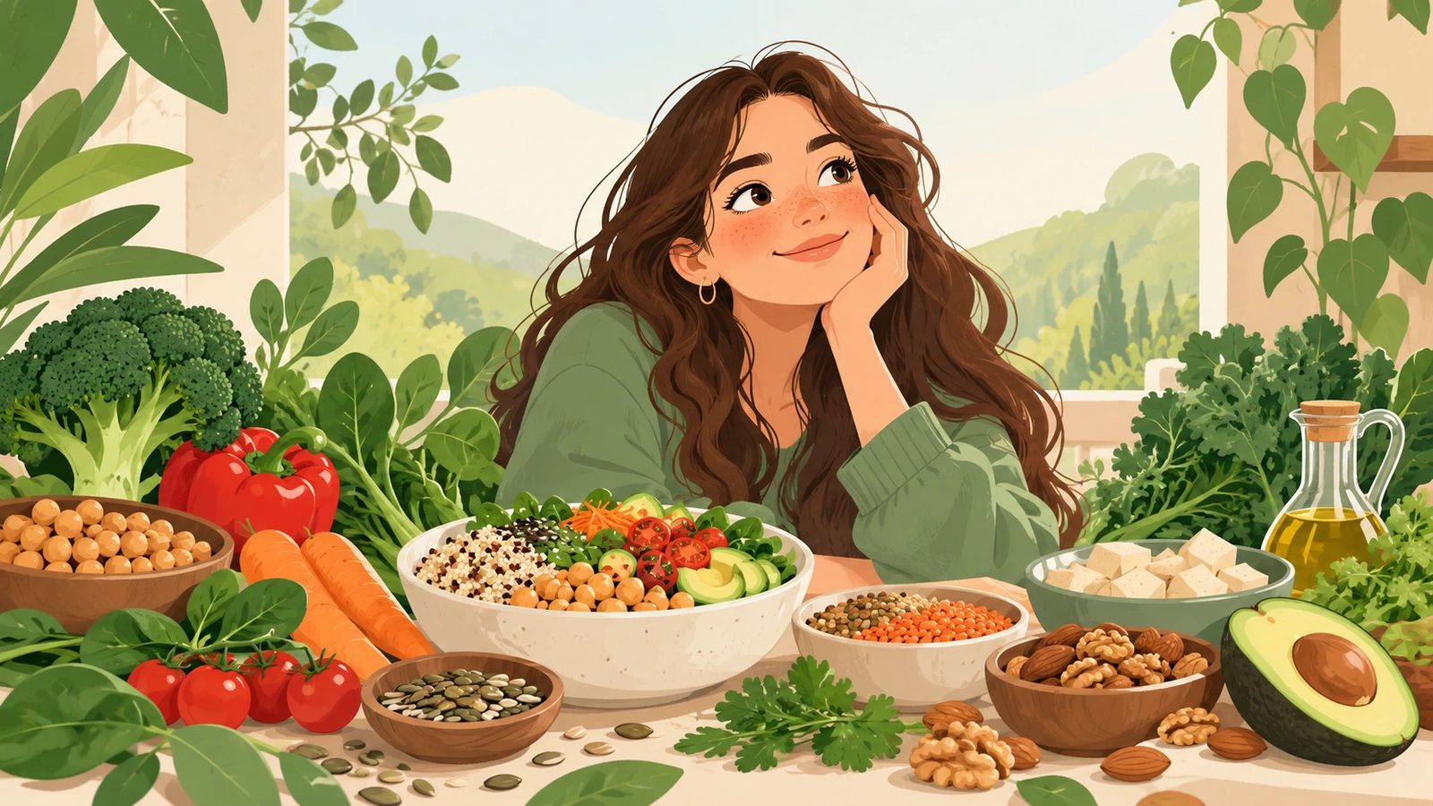 Joven pensativa ante una mesa con verduras, legumbres, cereales, tofu, frutos secos, semillas, aguacate y aceite de oliva