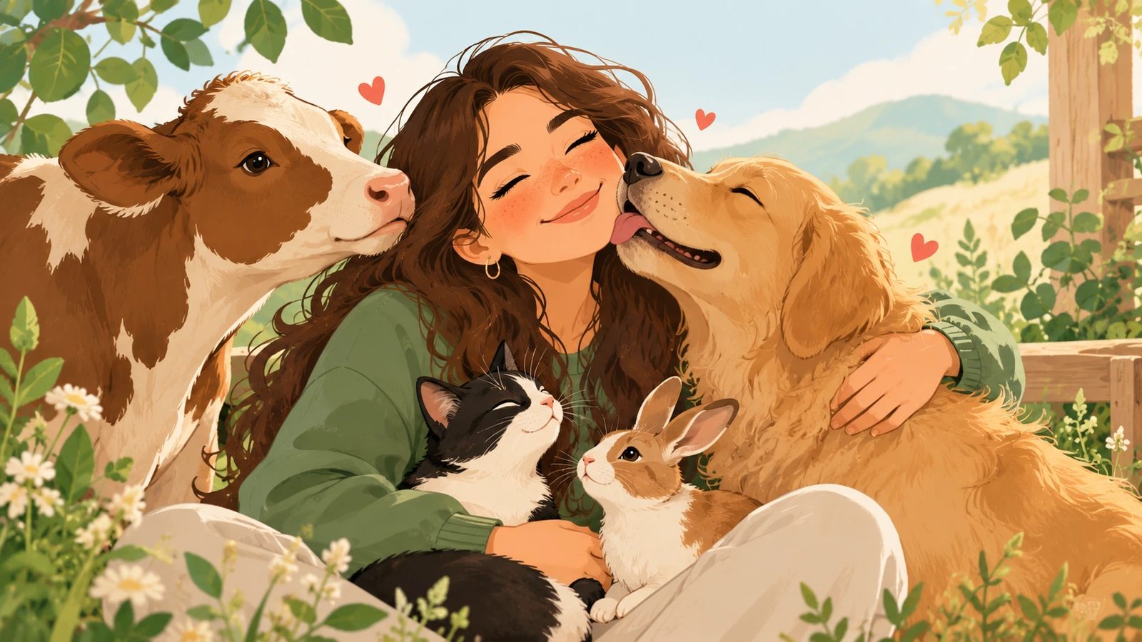 Joven abrazada por una vaca, un perro, un gato y un conejo en un entorno natural