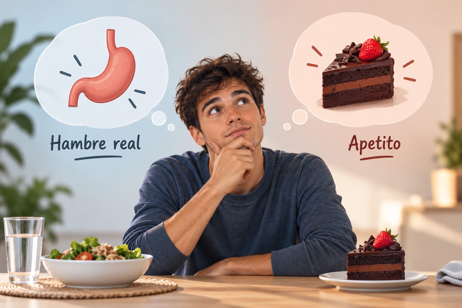 Una persona reflexiona ante la diferencia entre hambre real y apetito
