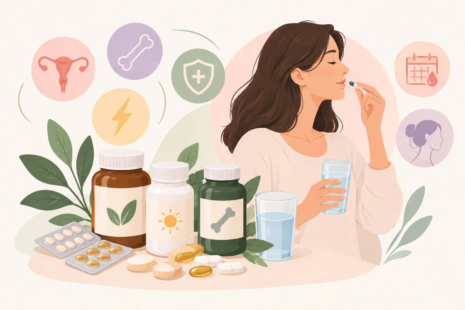Mujer tomando un suplemento junto a alimentos y complementos relacionados con la salud