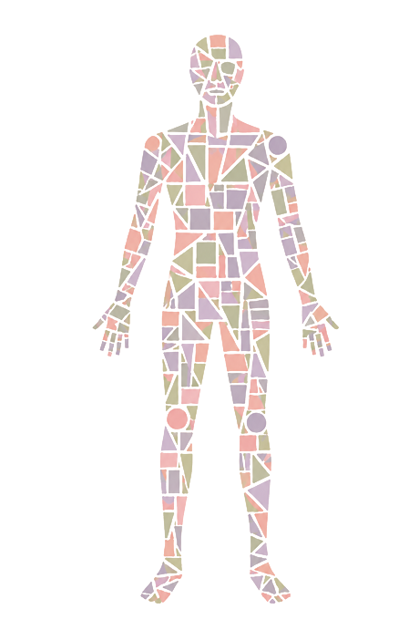 Figura humana formada por teselas de mosaico con los colores de los tres bloques