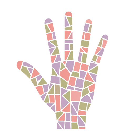 Una mano formada por teselas de mosaico con los colores de los tres bloques