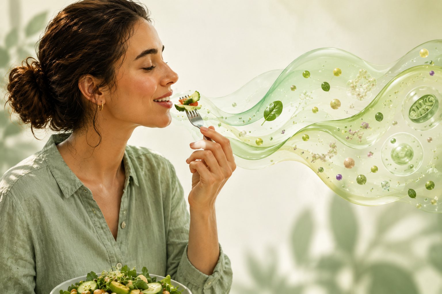 Persona comiendo mientras los nutrientes se relacionan con el funcionamiento del organismo