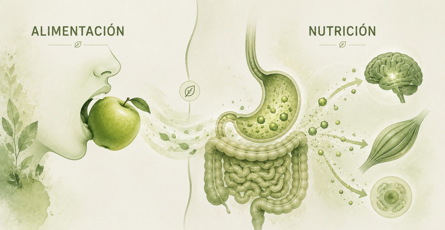 Relación entre alimentación y nutrición: una persona come una manzana y el organismo aprovecha sus nutrientes