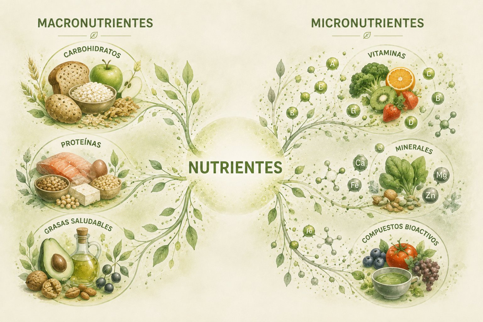 Macronutrientes y micronutrientes representados alrededor del concepto nutrientes
