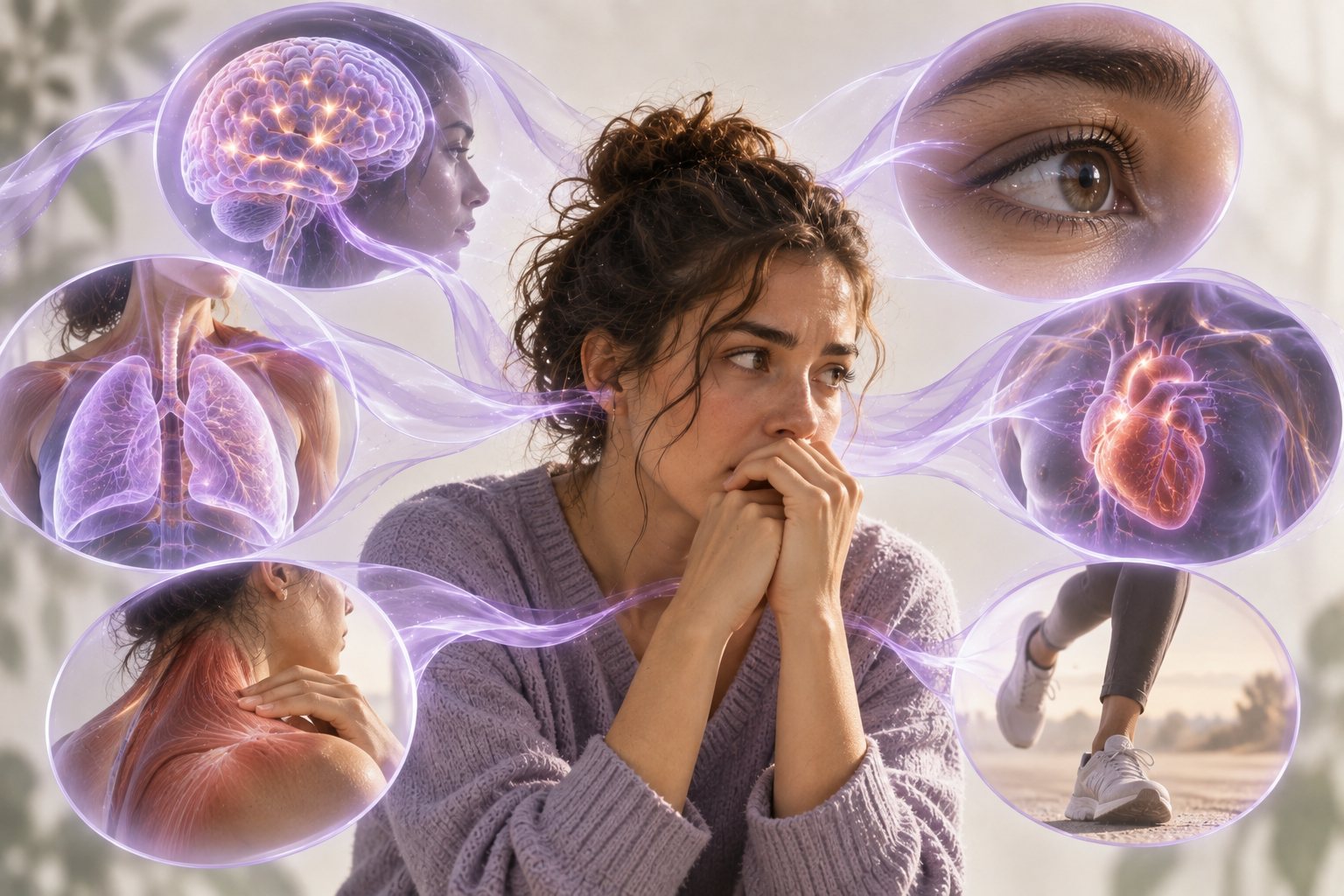 Persona reflexionando con diferentes respuestas corporales y mentales relacionadas con las emociones