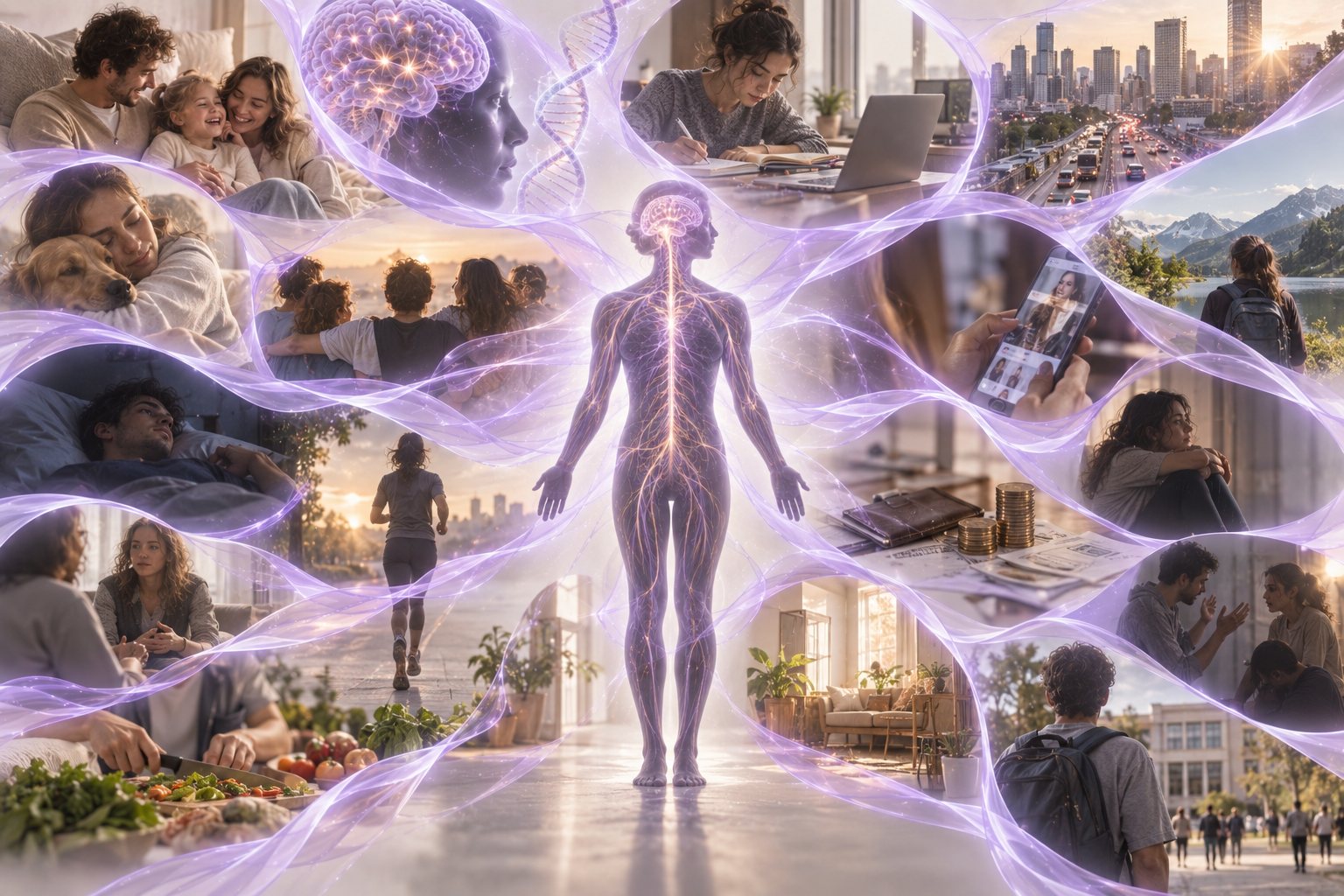 Collage de relaciones, entorno, trabajo, descanso y circunstancias que pueden influir en la salud mental